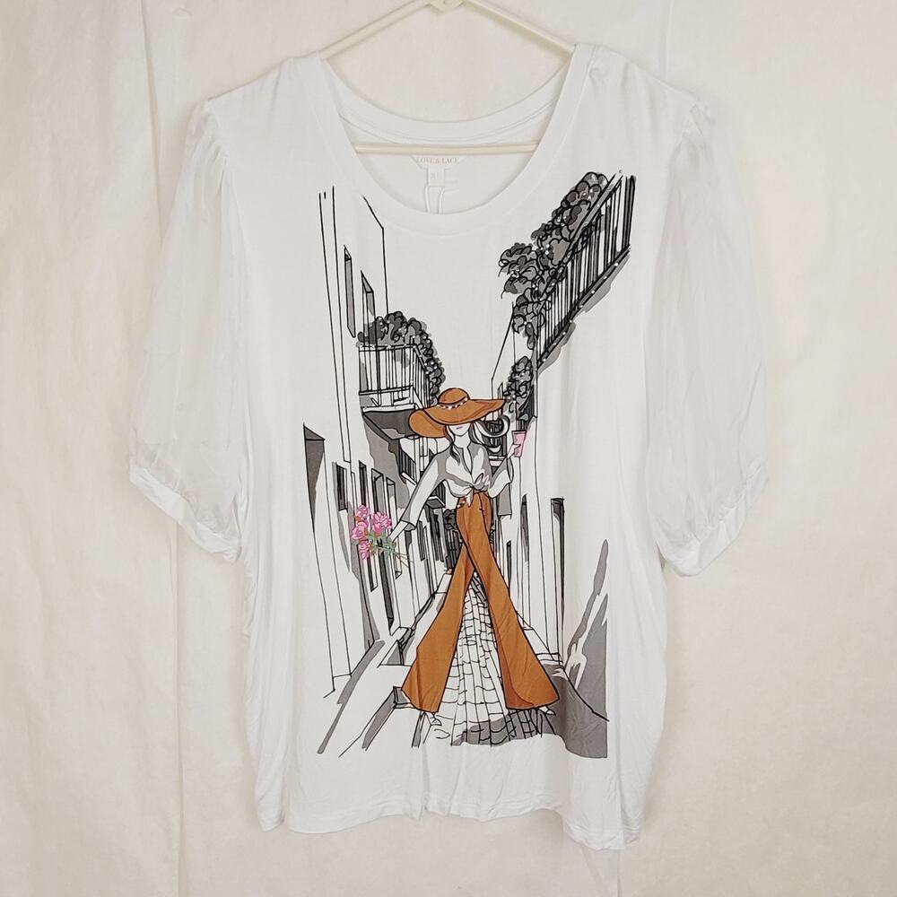 New Love & Lace white fashion lady embellished sheer puff sleeve top XL Whimsy